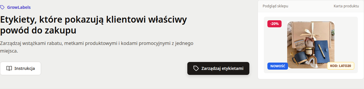 Pulpit GrowLabels z przyciskiem Zarządzaj etykietami i podglądem produktu