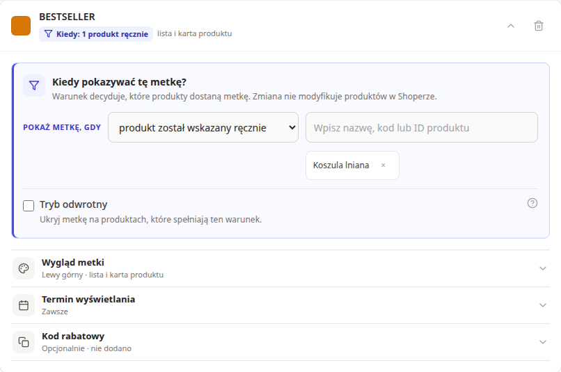 Ręczne przypisanie produktu Koszula lniana do metki Bestseller