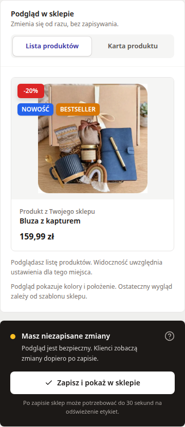 Podgląd listy produktów i panel zapisu zmian GrowLabels