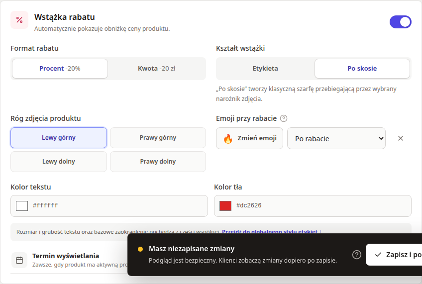 Ustawienia wstążki rabatu GrowLabels